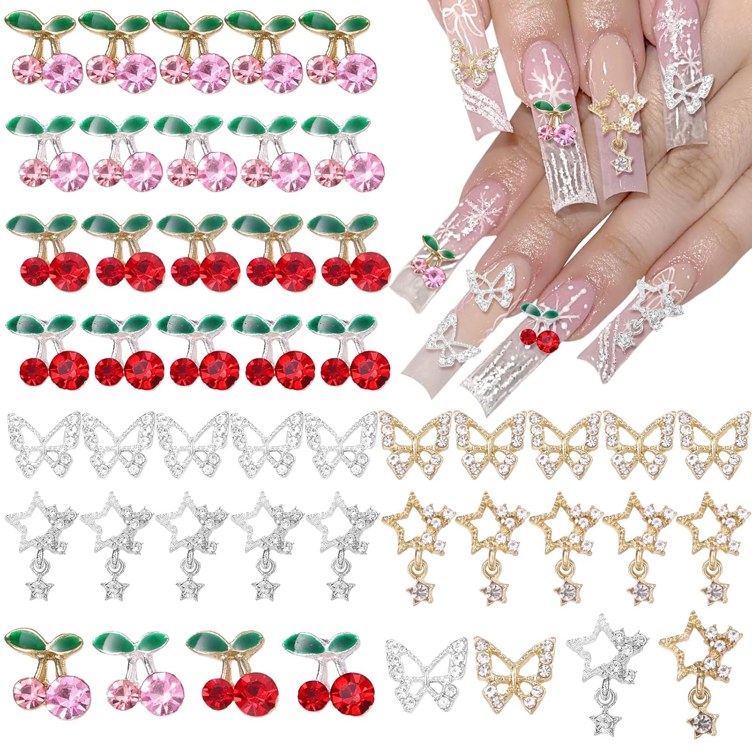 Nail Art Valentines Day - 40 ชิ้นเล็บอัญมณี Charms, เงินทอง 3D ผีเสื้อ
