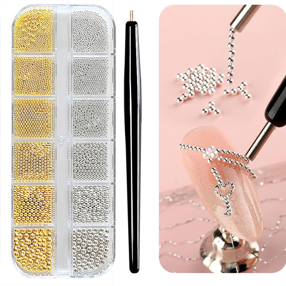 Nail Art Valentines Day - 12 ตารางทอง/เงินมินิคาเวียร์ลูกปัดตกแต่งเล็บโลหะ Micro Balls เล็บ Charm