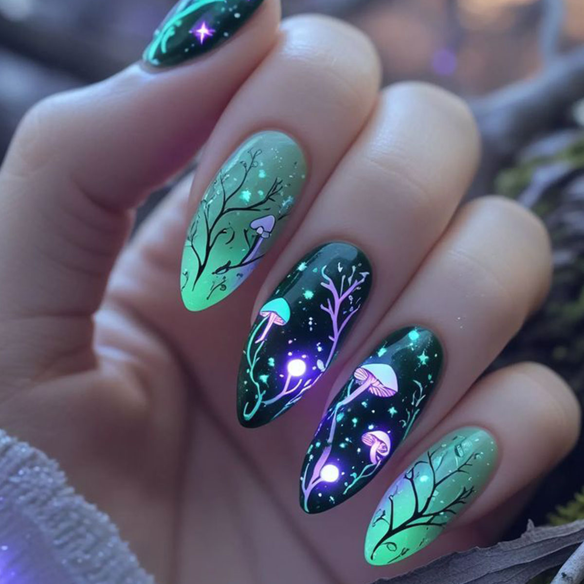 Nail Art Press On - เล็บปลอมอะลมอนด์ลายเห็ด ลายใบไม้ ลายสเมิจ แบบกดติด 3 มิติ