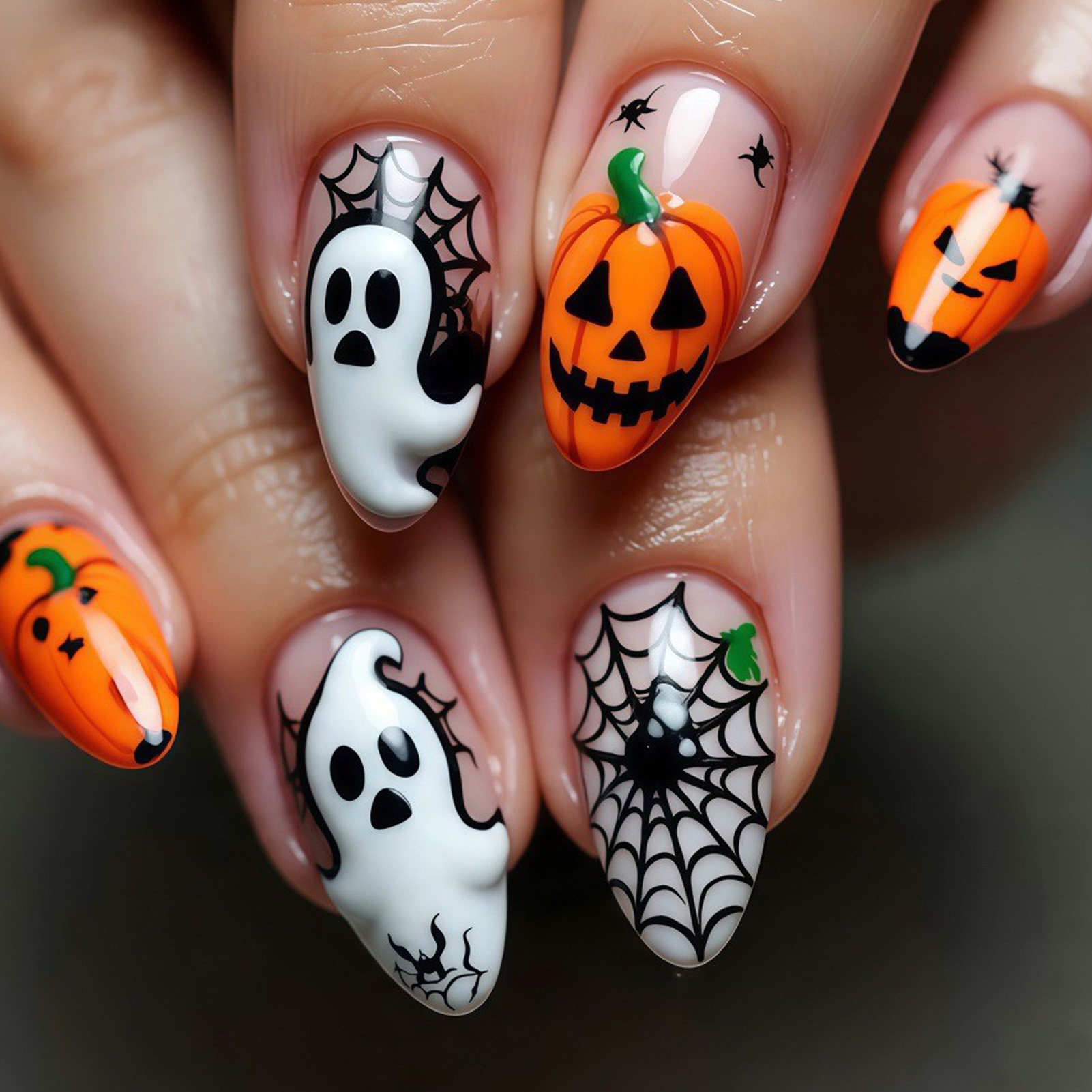 Nail Art Press On - 24 ชิ้น เล็บปลอมลายฮาโลวีน ลายผี ฟักทอง ใยแมงมุม