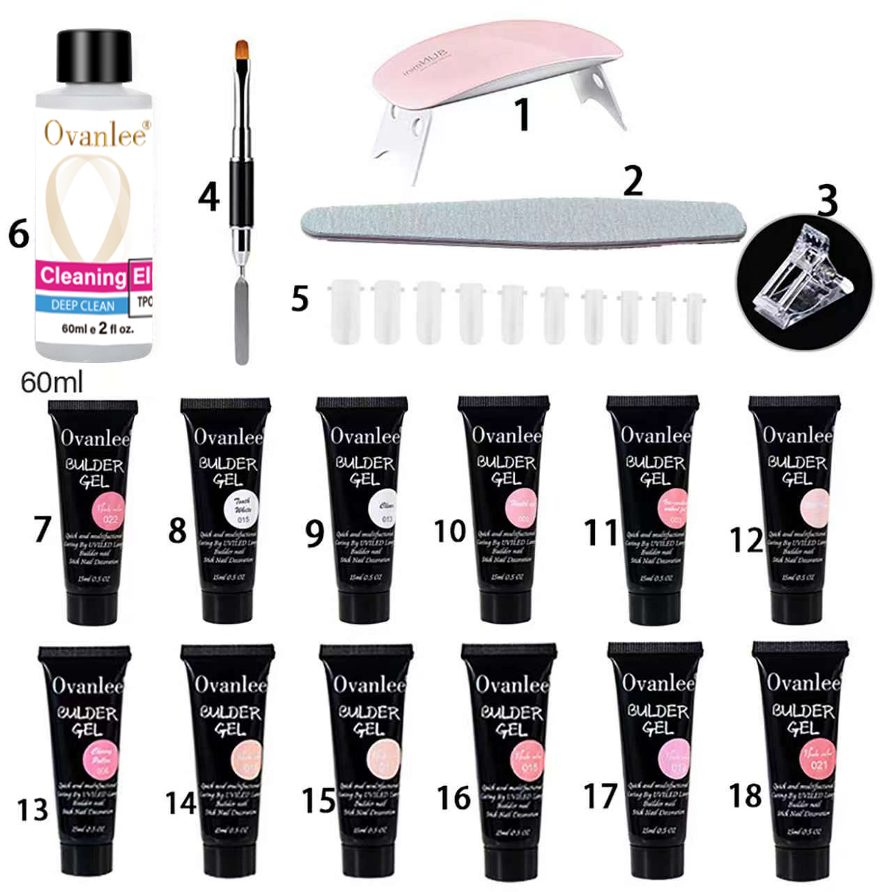 Nail Art Ombre - ชุดเริ่มต้นต่อเล็บด้วยโพลีเจลแบบไม่ต้องใช้ฟอร์ม Ovanlee 18-in-1 – ประกอบด้วยเจลต่อเล็บชนิดแข็งพิเศษ 12