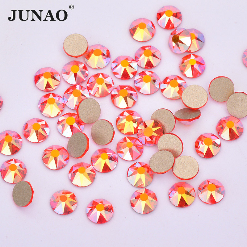 Nail Art Orange - จูนาโอ SS20 สีส้มแดง AB คริสตัลแก้วทรงเหลี่ยม แบบหลังแบน